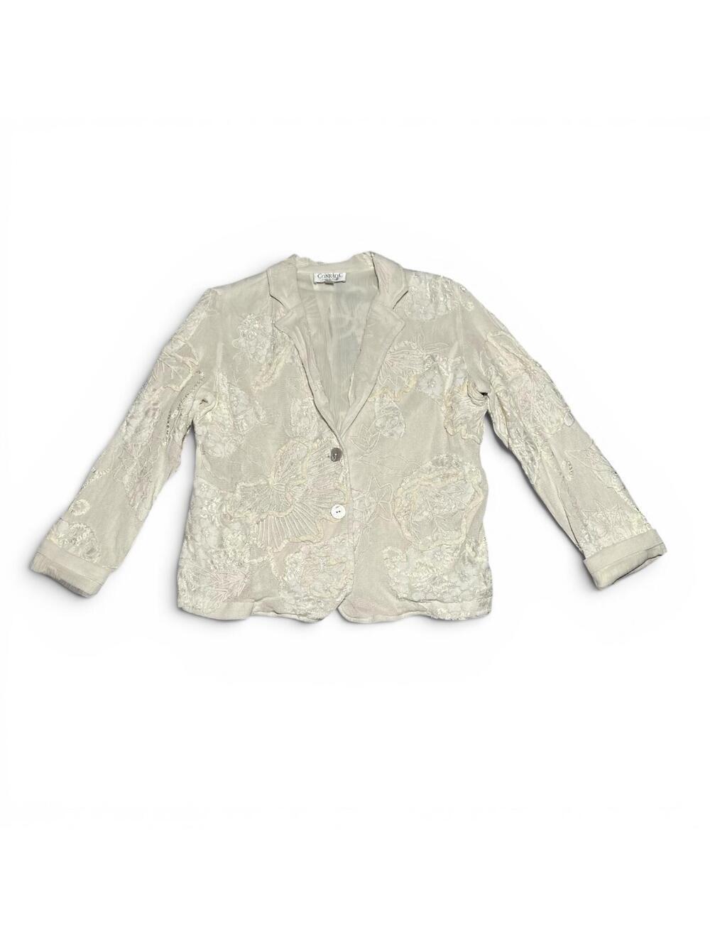 Vintage Y2K Embroidered Cream Crinkle Cotton Blazer Jacket Size 10